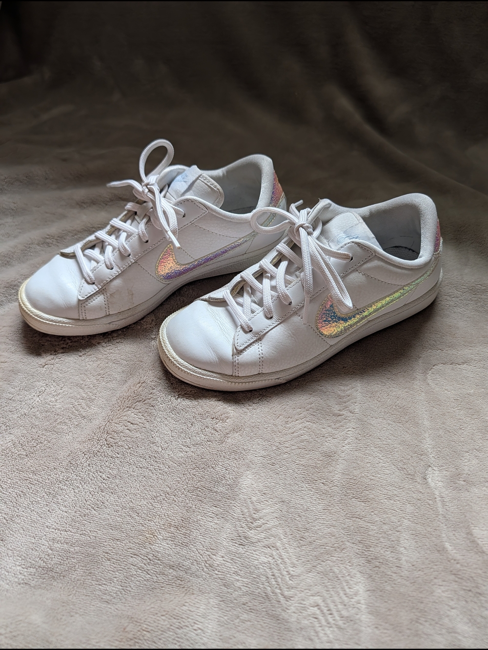 Nike Kid’s White Sneakers with Iridescent Swoosh